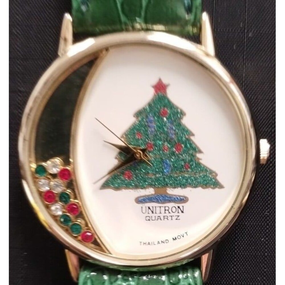 WOMAN'S UNITRON CHRISTMAS TREE WATCH WITH FLOATING STONE BEZEL NEW BATTERY